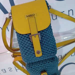 Χειροποίητο πλεκτό τσαντάκι - θήκη κινητού σε κίτρινο με πετρόλ.