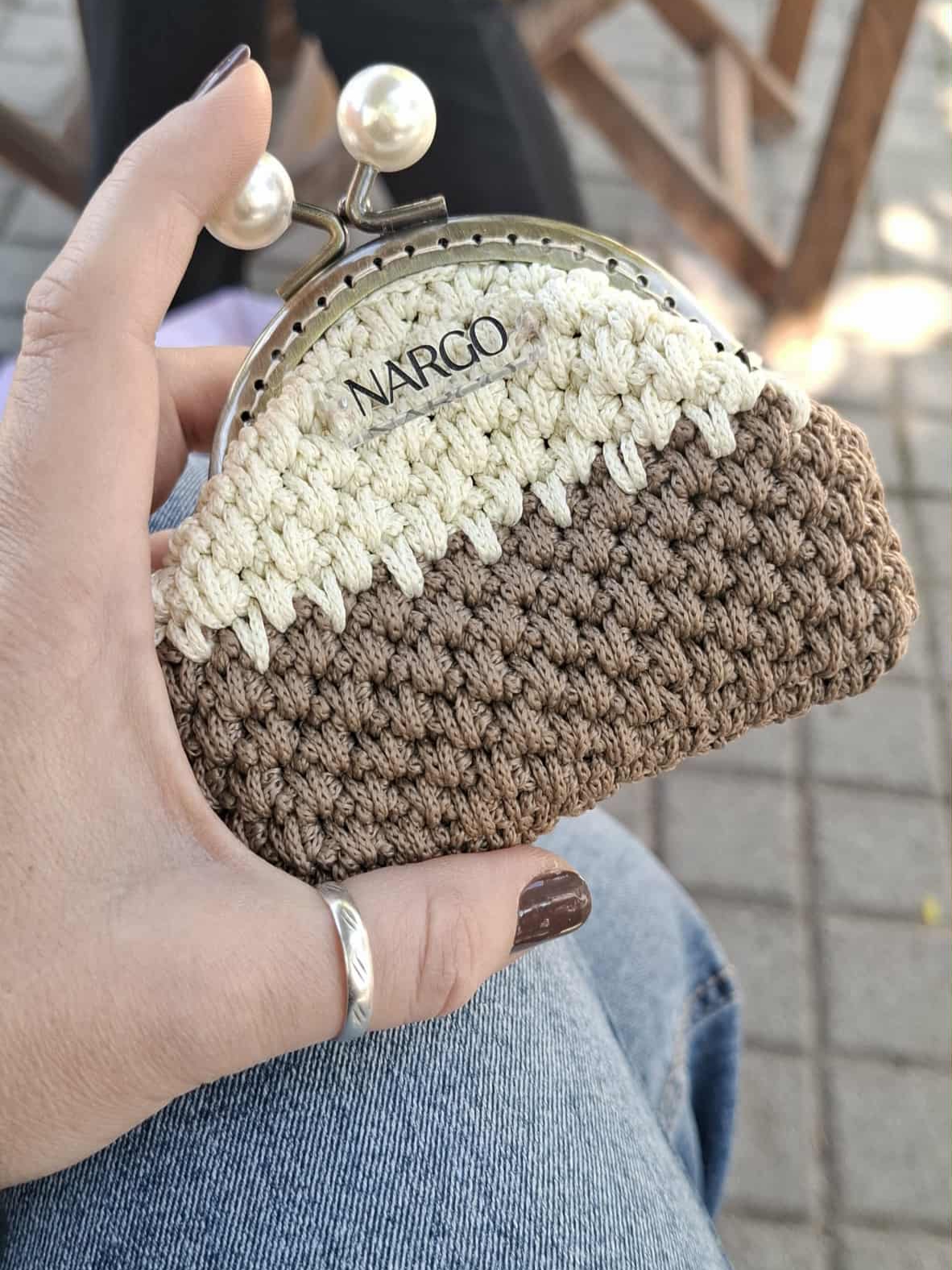 Πλεκτό vintage πορτοφόλι με πέρλες