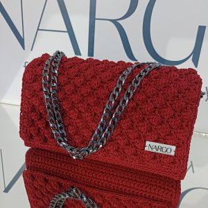 Πλεκτή κόκκινη τσάντα ώμου / χιαστί με διπλή μαύρη αλυσίδα!