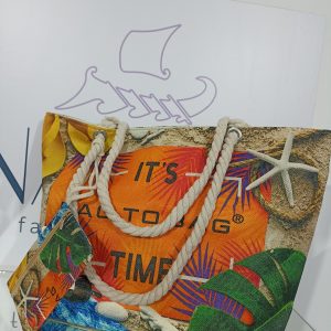 Γυναικεία υφασμάτινη τσάντα θαλάσσης BAG TO BAG σε πορτοκαλί απόχρωση με μπεζ και πράσινες πινελιές