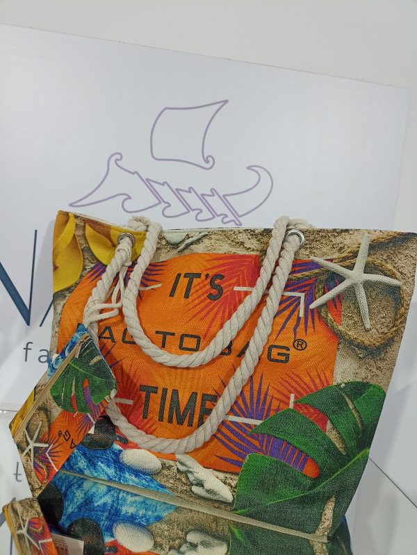 Γυναικεία υφασμάτινη τσάντα θαλάσσης BAG TO BAG σε πορτοκαλί απόχρωση με μπεζ και πράσινες πινελιές