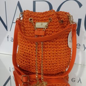 Γυναικεία ψάθινη τσάντα ώμου πουγκί BAG TO BAG σε πορτοκαλί χρώμα.