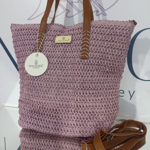  Ψάθινη τσάντα γυναικεία ώμου BAG TO BAG σε μωβ απόχρωση με λουράκια σε καφέ ταμπά.