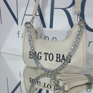 Γυναικεία τσάντα ώμου / χιαστί – BAG TO BAG – σε μπεζ απόχρωση με ασημί μεταλλικά στοιχεία.