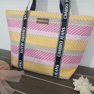 Γυναικεία τσάντα θαλάσσης με ψάθινη όψη σε ροζ - κίτρινο. 
