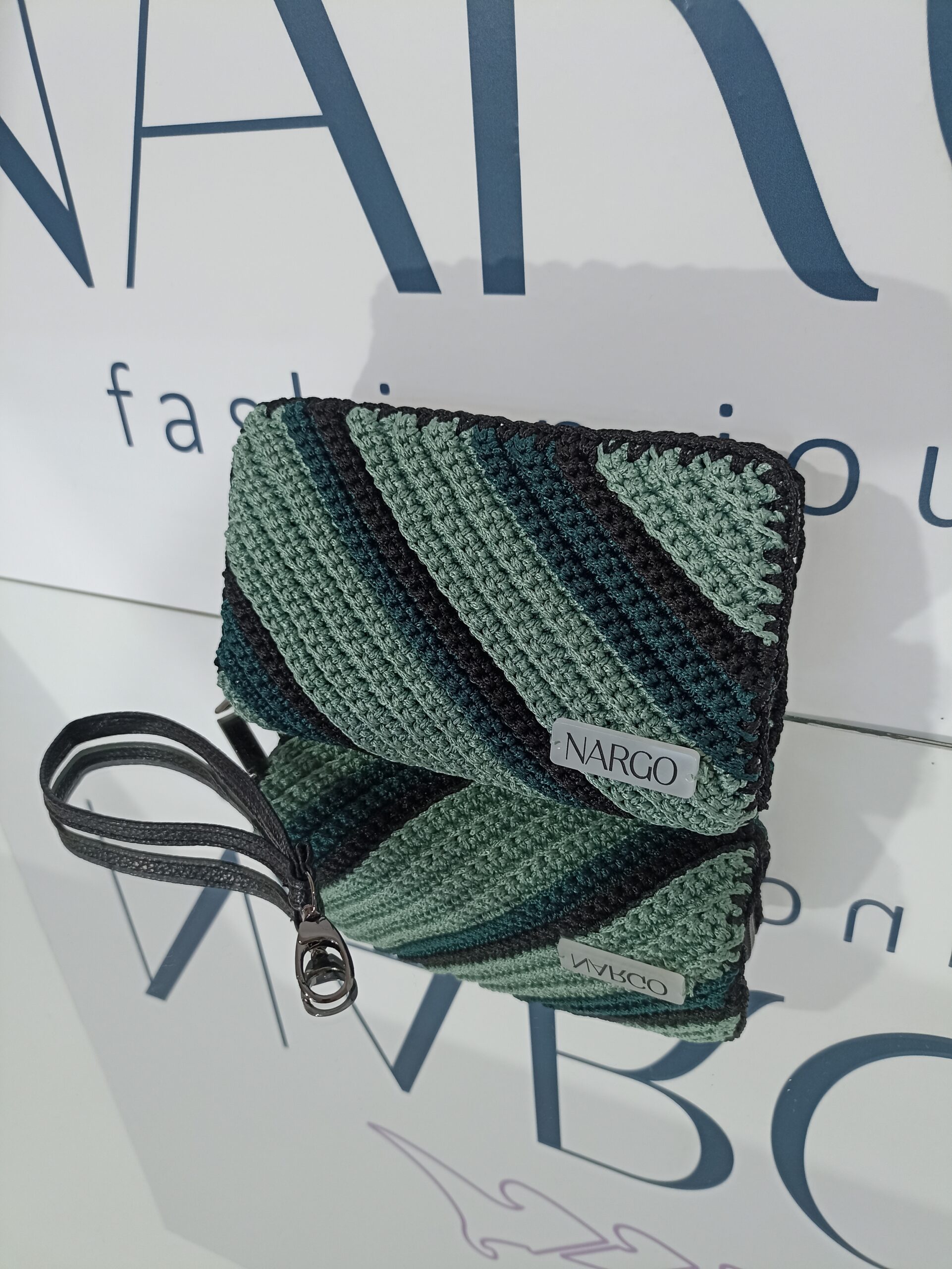 Χειροποίητο πλεκτό πορτοφόλι με διπλό φερμουάρ - Πράσινο μέντας - Κυπαρισσί - Μαύρο