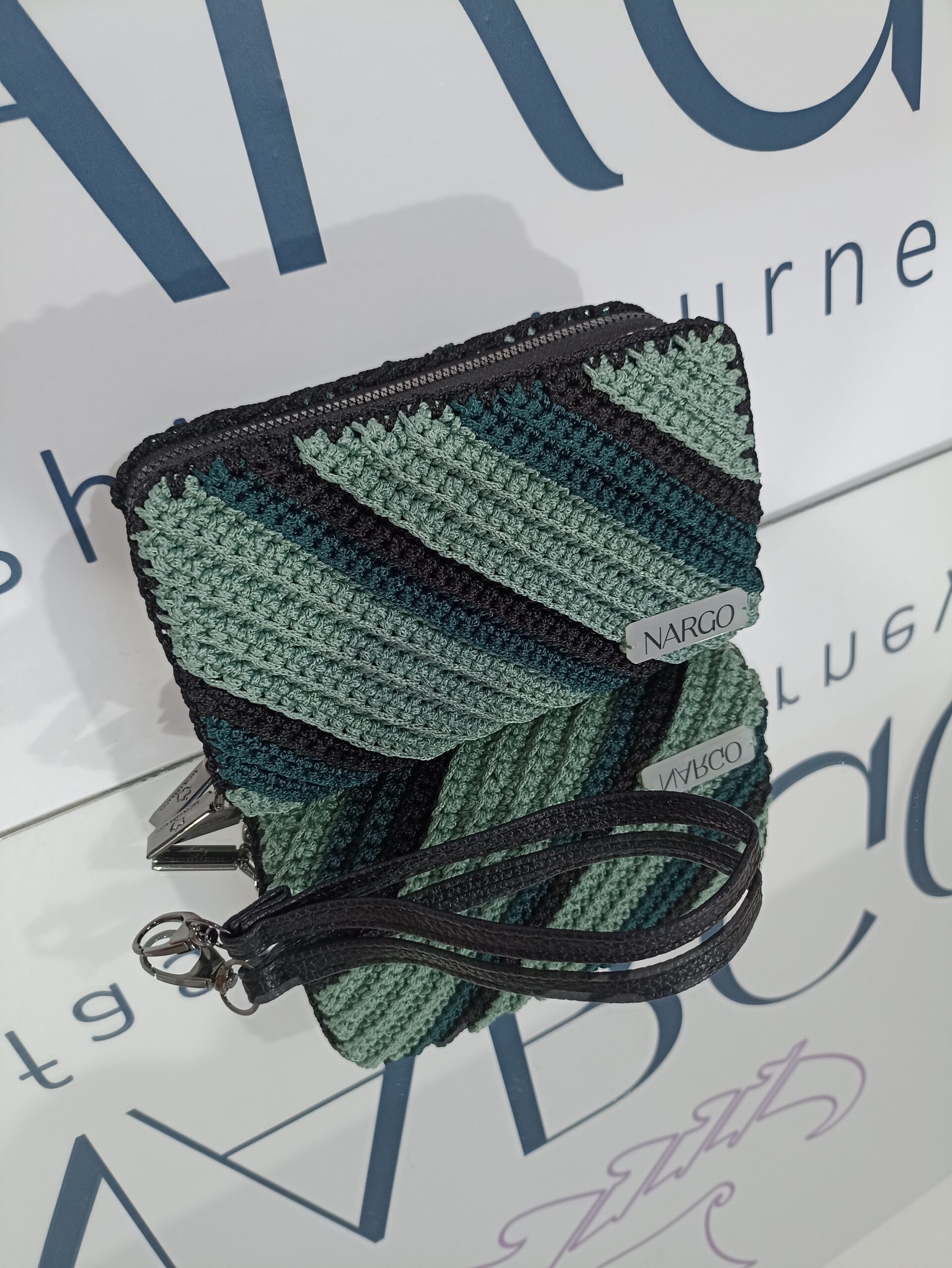 Χειροποίητο πλεκτό πορτοφόλι με διπλό φερμουάρ - Πράσινο μέντας - Κυπαρισσί - Μαύρο