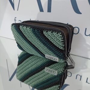 Χειροποίητο πλεκτό πορτοφόλι με διπλό φερμουάρ - Πράσινο μέντας - Κυπαρισσί - Μαύρο